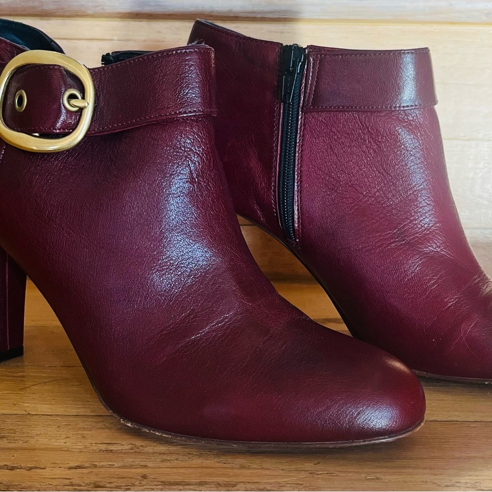 Coach Burgundy Ankle Booties with Gold Buckle